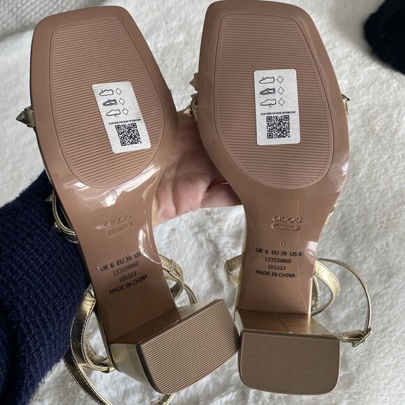 New Asos Hampstead Women's 8 Gold Studded Sexy Strappy Mid Block Heel Sandals - Picture 6 of 8